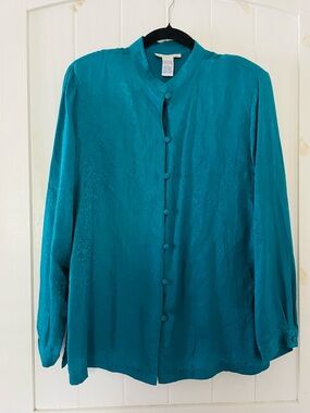 Elegant Vintage Anna And Frank Teal Button-Front Band Collar Blouse Silk size L